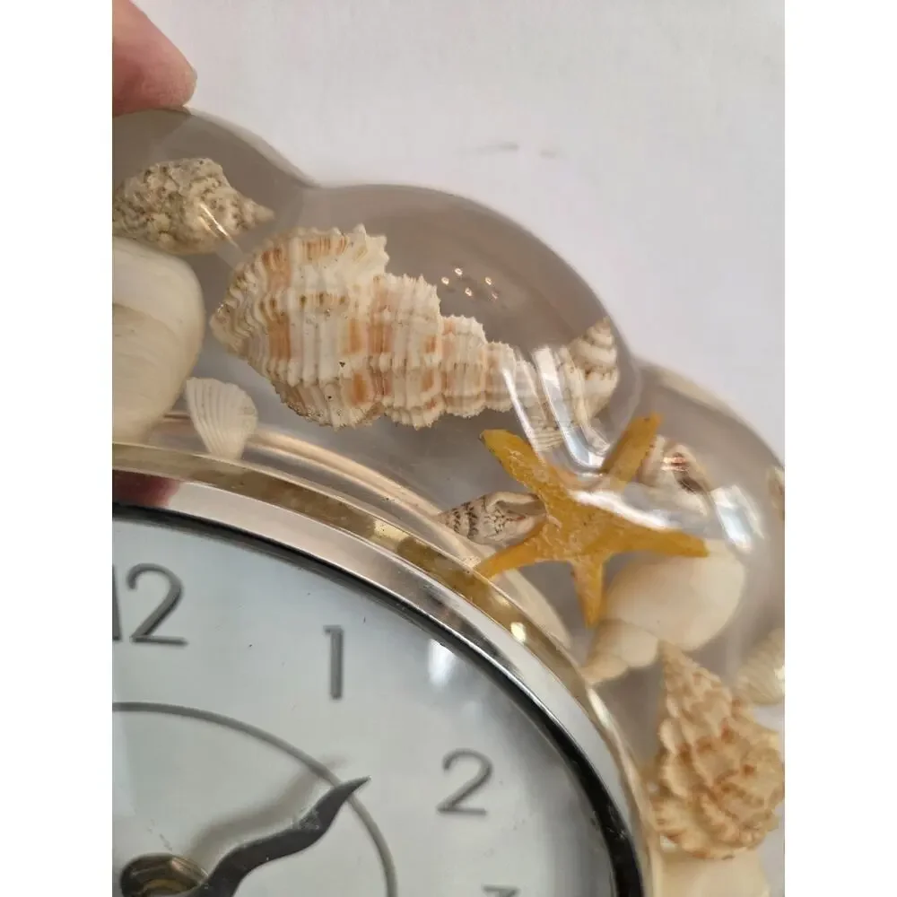 Shell Shaped Lucite Clock Embedded Seashells Wall Hanging Takes 1.5 V Battery